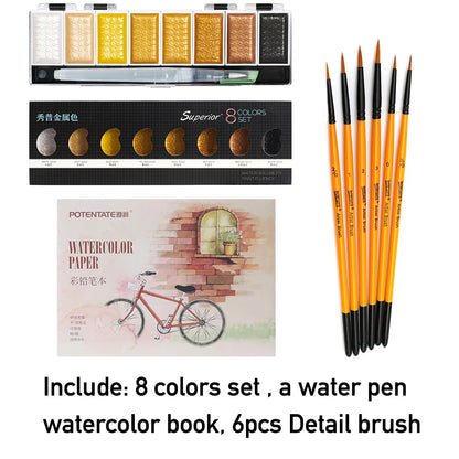 Premium 5/8Colors Solid Water Color Set Metallic Gold Pigment Paint With Waterbrush For Artist Painting Watercolors Art Supplies