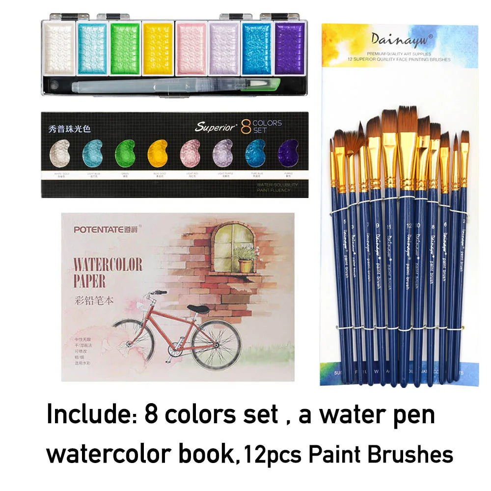 Premium 5/8Colors Solid Water Color Set Metallic Gold Pigment Paint With Waterbrush For Artist Painting Watercolors Art Supplies