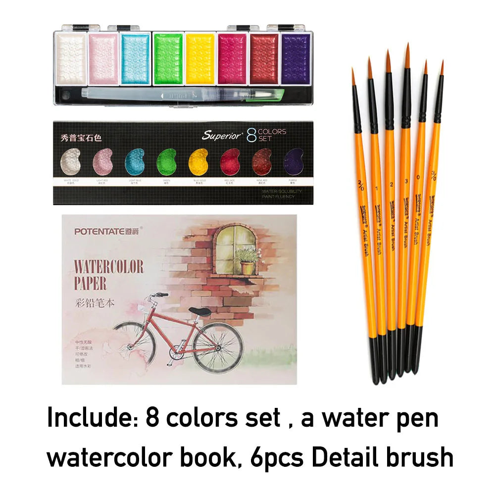 Premium 5/8Colors Solid Water Color Set Metallic Gold Pigment Paint With Waterbrush For Artist Painting Watercolors Art Supplies
