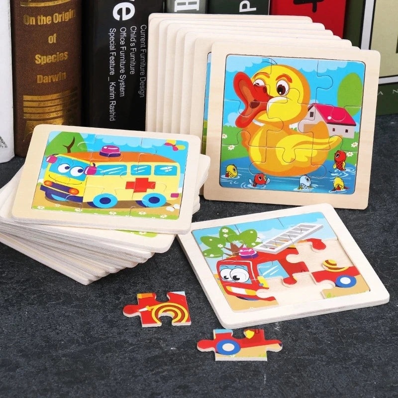 New 9piece Wooden 3d Puzzle Cartoon Animal Vehicle Intelligence Jigsaw Puzzle Game Montessori Educational Toys for Children