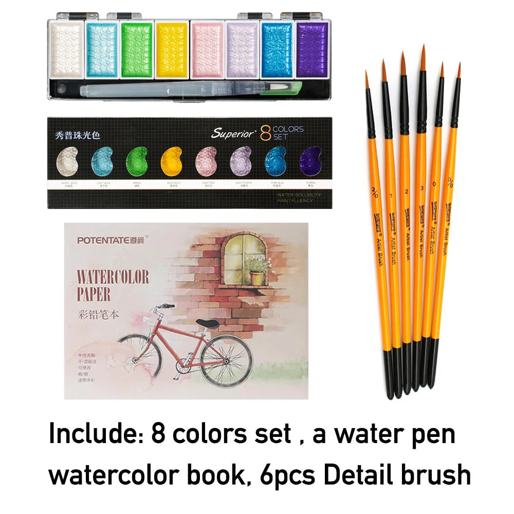 Premium 5/8Colors Solid Water Color Set Metallic Gold Pigment Paint With Waterbrush For Artist Painting Watercolors Art Supplies