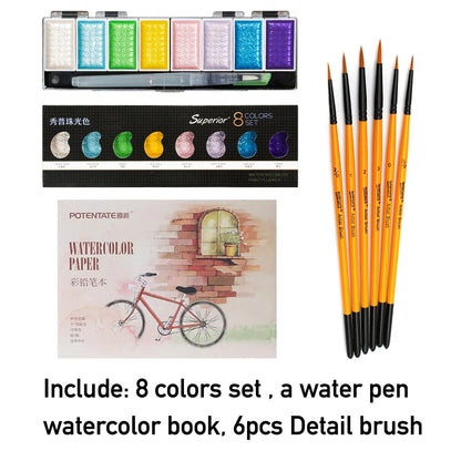 Premium 5/8Colors Solid Water Color Set Metallic Gold Pigment Paint With Waterbrush For Artist Painting Watercolors Art Supplies