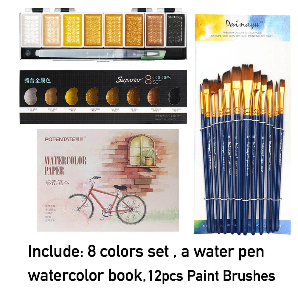 Premium 5/8Colors Solid Water Color Set Metallic Gold Pigment Paint With Waterbrush For Artist Painting Watercolors Art Supplies