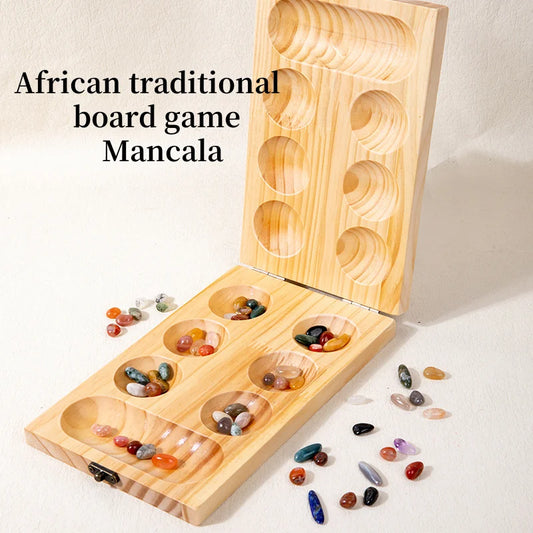 Authentic Wooden Mancala Board Game - Handcrafted Traditional African Mancala Set with Beads