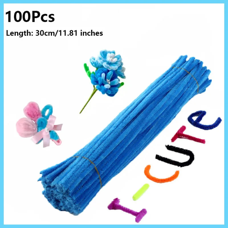100pcs Colorful Chenille Stems Pipe Cleaners Plush Tinsel Stem Wired Twist Sticks Hair Strip Craft DIY Educational Toys Handmade