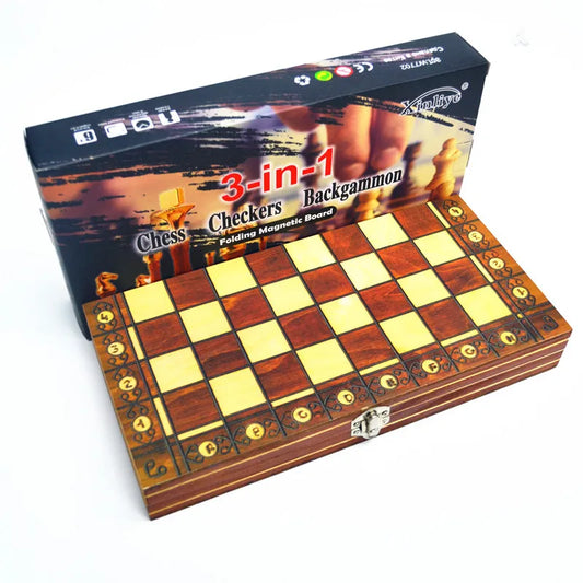 Folding Wooden Portable Chess Game Board Wooden Chess Board for Adults(Chess + Checkers and Backgammon)