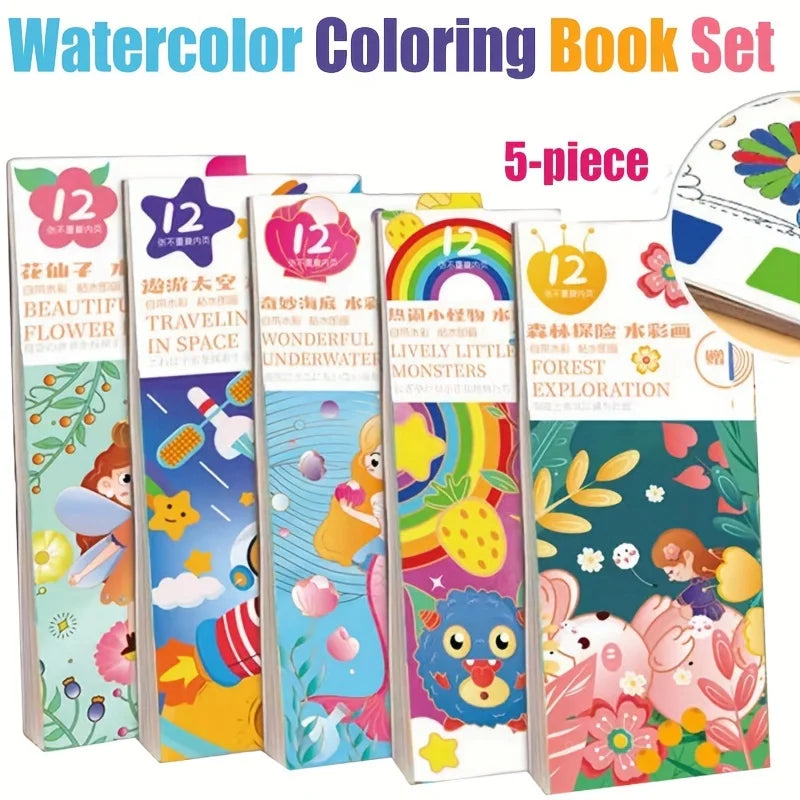 5-Pack Pocket Watercolor Coloring Book Set: Enhance Creativity and Concentration with Miniature Art Supplies
