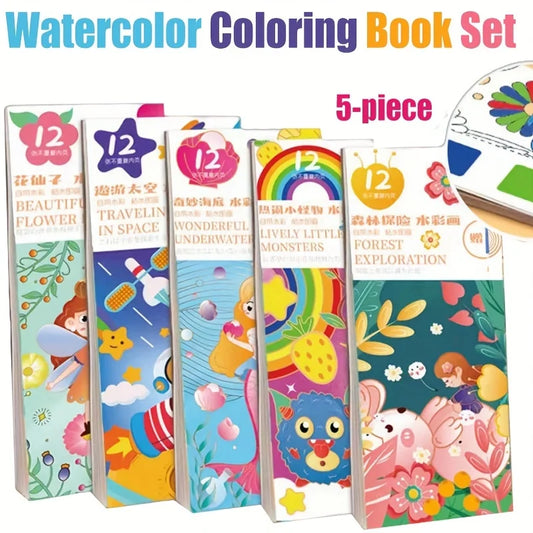 5-Pack Pocket Watercolor Coloring Book Set: Enhance Creativity and Concentration with Miniature Art Supplies
