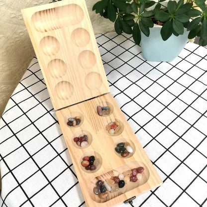 Authentic Wooden Mancala Board Game - Handcrafted Traditional African Mancala Set with Beads