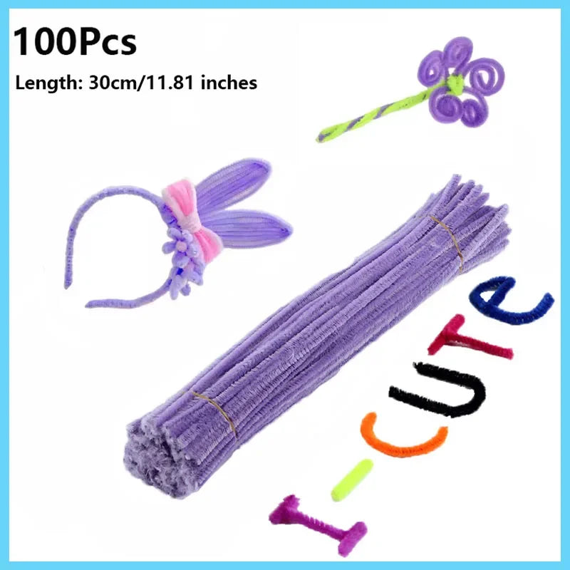 100pcs Colorful Chenille Stems Pipe Cleaners Plush Tinsel Stem Wired Twist Sticks Hair Strip Craft DIY Educational Toys Handmade
