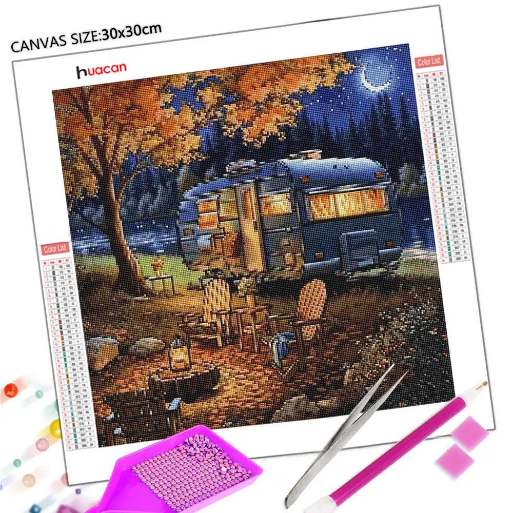 Huacan Diamond Painting Camping Car DIY Diamond Mosaic Moon Landscape New Arrival Kit  Flower Embroidery Decor Craft Kit