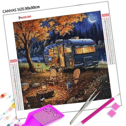 Huacan Diamond Painting Camping Car DIY Diamond Mosaic Moon Landscape New Arrival Kit  Flower Embroidery Decor Craft Kit