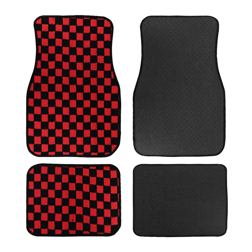 4Pcs JDM Racing  Plush Floor Mat Checkers Vehicle Front Rear Carpets Universal Car Floor Carpet Rugs Non-Slip Car Decoration