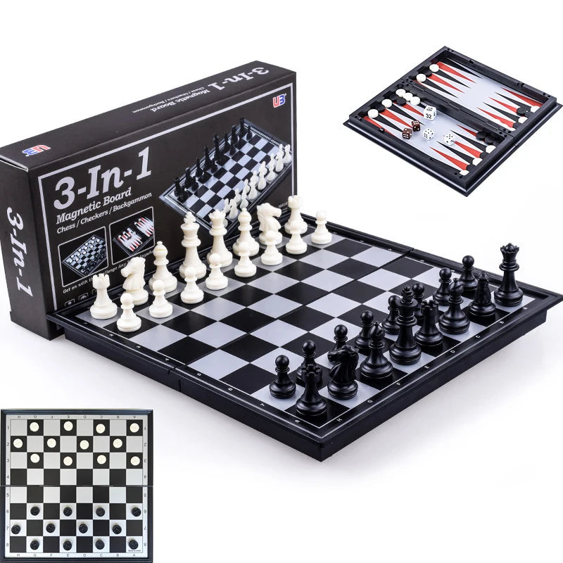 Foldable Magnetic Chess 25CM Checkers Backgammon Game Board 3-in-1 Ideal Tabletop For Family Gathering
