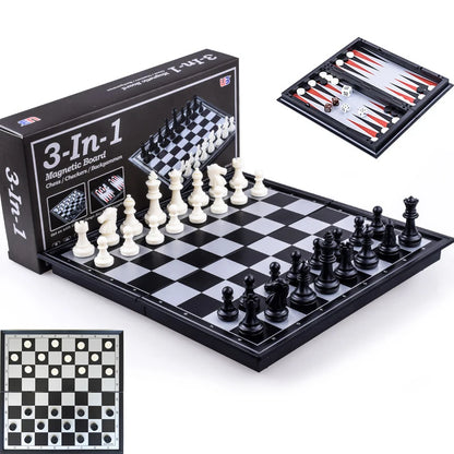 Foldable Magnetic Chess 25CM Checkers Backgammon Game Board 3-in-1 Ideal Tabletop For Family Gathering