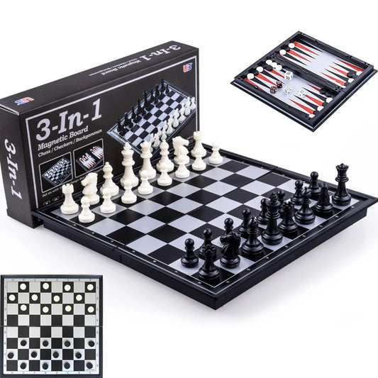 Foldable Magnetic Chess 25CM Checkers Backgammon Game Board 3-in-1 Ideal Tabletop For Family Gathering