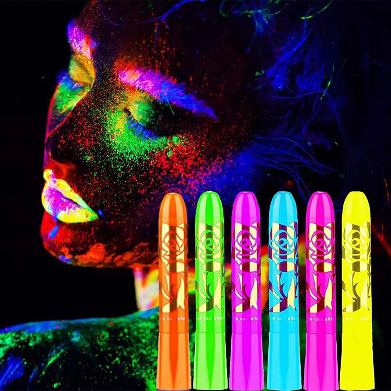 6 Colors UV Neon Crayons Kit Glow in the dark Body Face Paint Washable Water Soluble Face Painting Birthday Party Props