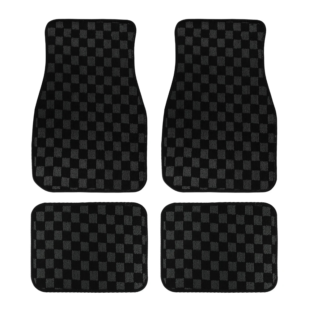4Pcs JDM Racing  Plush Floor Mat Checkers Vehicle Front Rear Carpets Universal Car Floor Carpet Rugs Non-Slip Car Decoration