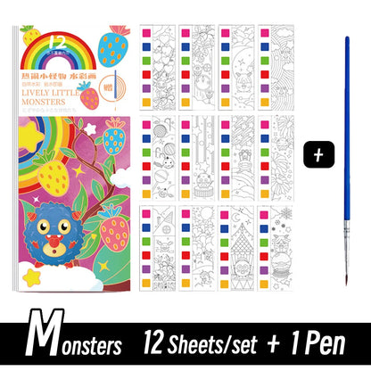 12 Sheets/Set Portable Watercolor Painting Book - Kids Coloring Book with Paint Brush, Graffiti Picture Drawing Stationery