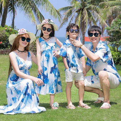 Holiday Resort Family Matching Blue Clothes Vacation Look Daughter Mom Dress Father and Son Beach Tops + Shorts 2 Piece Outfits