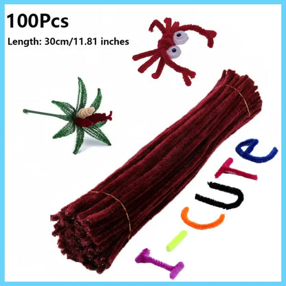 100pcs Colorful Chenille Stems Pipe Cleaners Plush Tinsel Stem Wired Twist Sticks Hair Strip Craft DIY Educational Toys Handmade