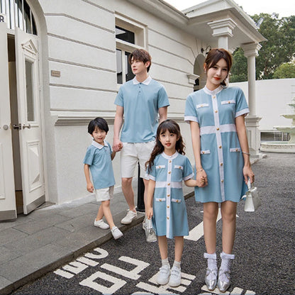 2025 Summer Family Bule Clothes Mother Daughter Matching Dress Father and Son Polo Shirts Shorts Outfits Brother Sister Clothing