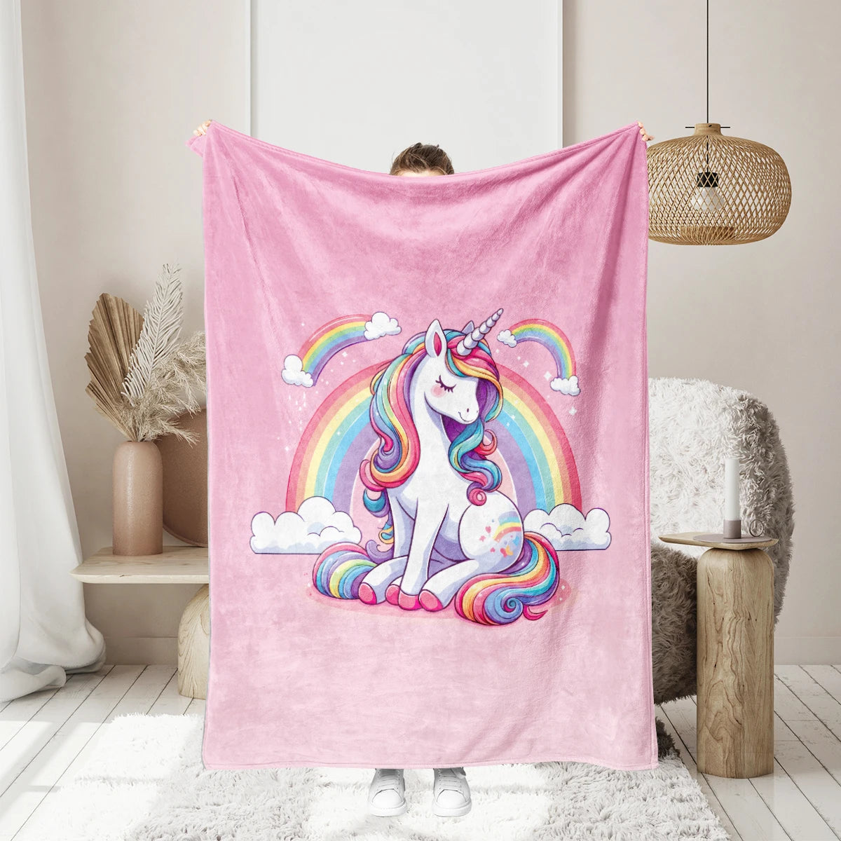 1PC cartoon unicorn and rainball pattern printed blanket, suitable for sofas, beds, travel, camping chairs, warm plush blanket