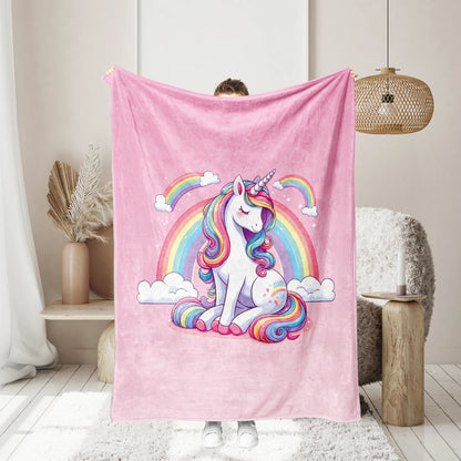 1PC cartoon unicorn and rainball pattern printed blanket, suitable for sofas, beds, travel, camping chairs, warm plush blanket