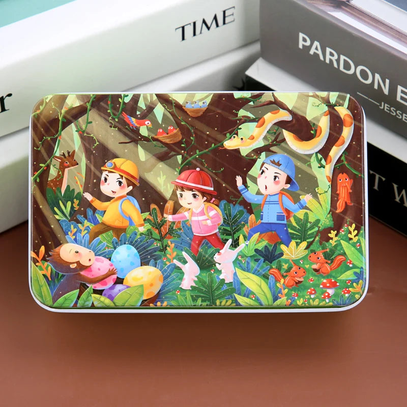60pcs Jigsaw Cartoon Puzzle With Metal Box, Children's Early Education Animal Vehicle Puzzle, Parent-Child Interaction Game