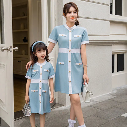 2025 Summer Family Bule Clothes Mother Daughter Matching Dress Father and Son Polo Shirts Shorts Outfits Brother Sister Clothing