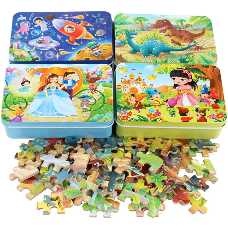 60pcs Jigsaw Cartoon Puzzle With Metal Box, Children's Early Education Animal Vehicle Puzzle, Parent-Child Interaction Game
