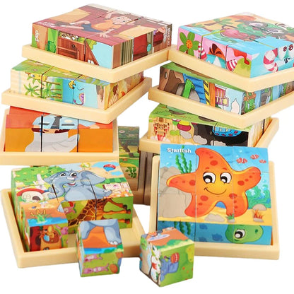 3D cube Wooden puzzle children's nine pieces six-sided wooden block tray children's Montessori learning educational puzzle toys