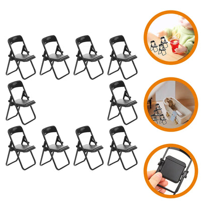 10Pcs Black Mini Folding Chair Phone Stand Miniature Furniture Educational Supplies Micro Decor Tiny Prop Cellphone Holder Mini