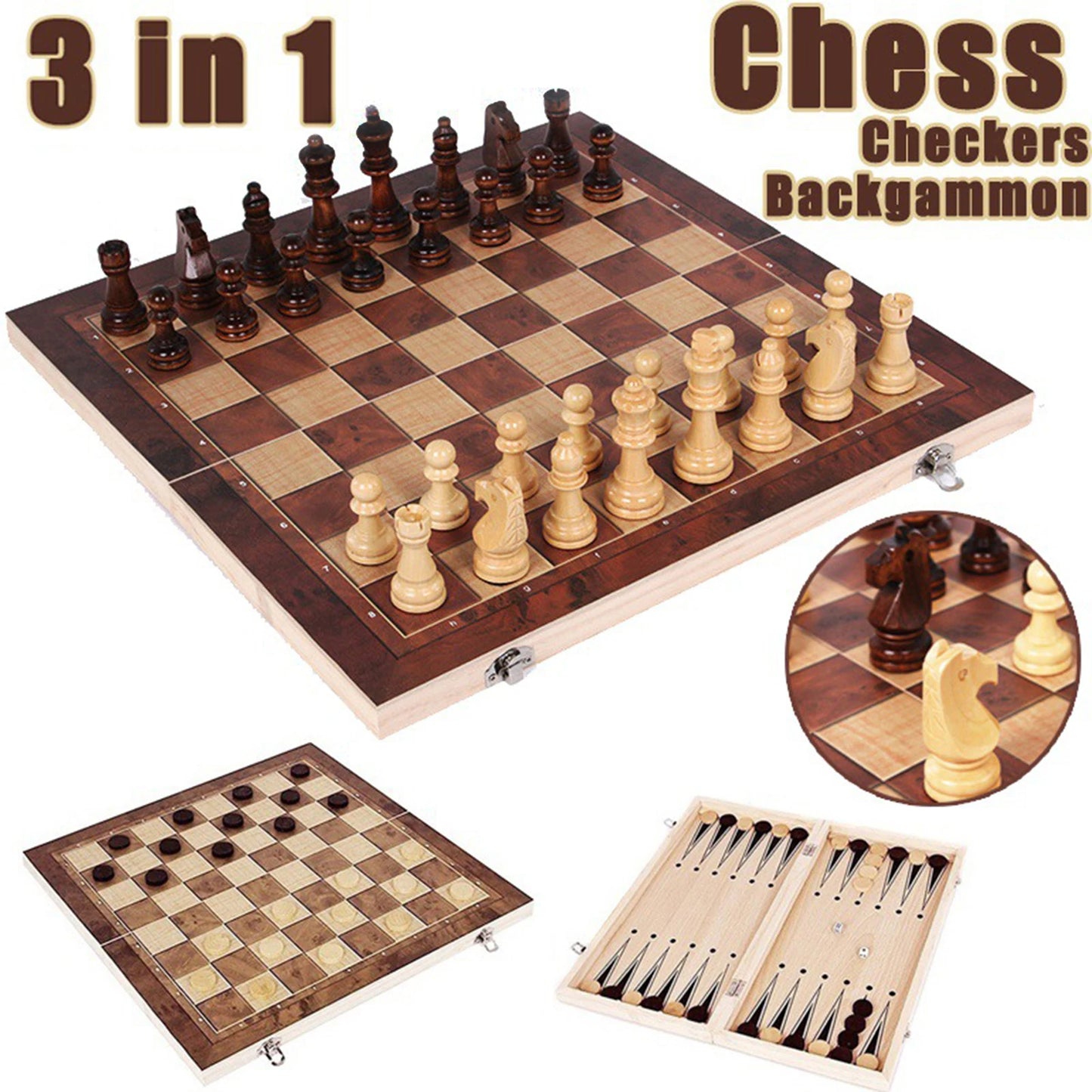 3 in 1 Chess Game Board Folding Storage Wooden Chess Board Sets Exquisite Chess Set Chess and Checkers Game Set for Adult Kids