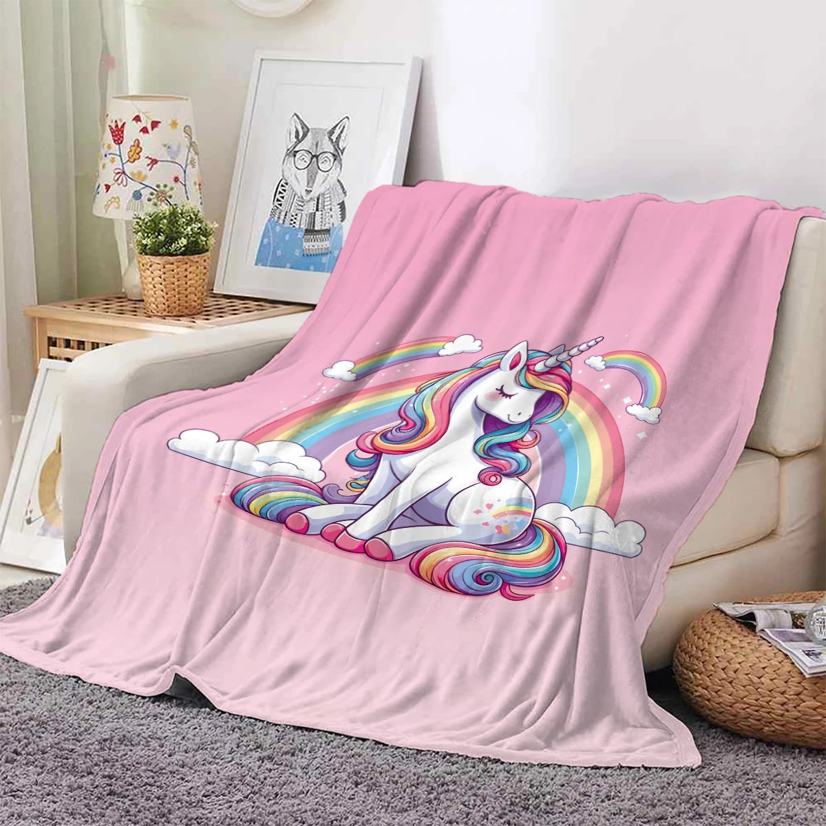 1PC cartoon unicorn and rainball pattern printed blanket, suitable for sofas, beds, travel, camping chairs, warm plush blanket