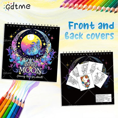 BOHO MOON Coloring Book for Adult Featuring Spiral binding 24pages for Relaxation Kid Educational DIY Painting Drawing Book