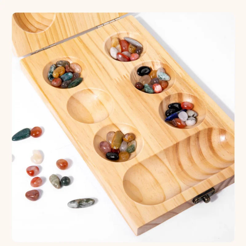 Authentic Wooden Mancala Board Game - Handcrafted Traditional African Mancala Set with Beads
