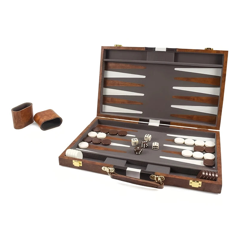38cm Backgammon Set Classic Folding Board with Leather Case, Portable Travel Game, Ideal Gift Package for Strategy Lovers