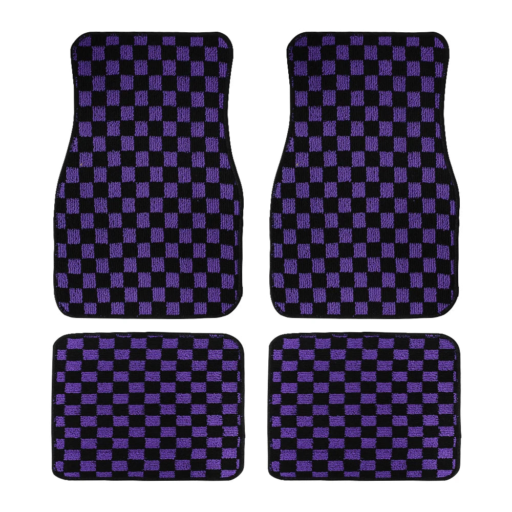 4Pcs JDM Racing  Plush Floor Mat Checkers Vehicle Front Rear Carpets Universal Car Floor Carpet Rugs Non-Slip Car Decoration