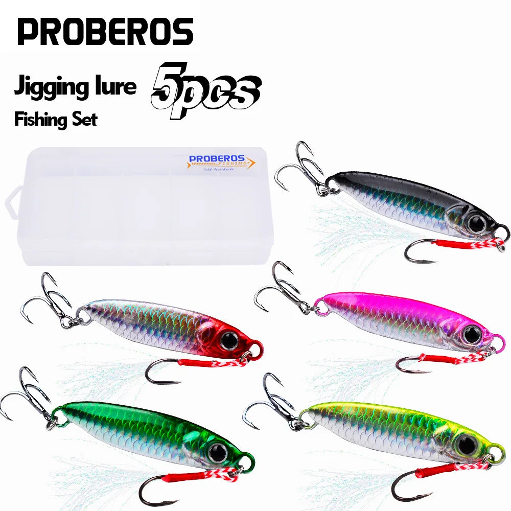 PROBEROS 5Pcs/lot Long Shot Luya Iron Plate Bionic Bait Set 7g/10g/15g/20g/25g/30g With Double Hooks Outdoor Fishing Wholesale