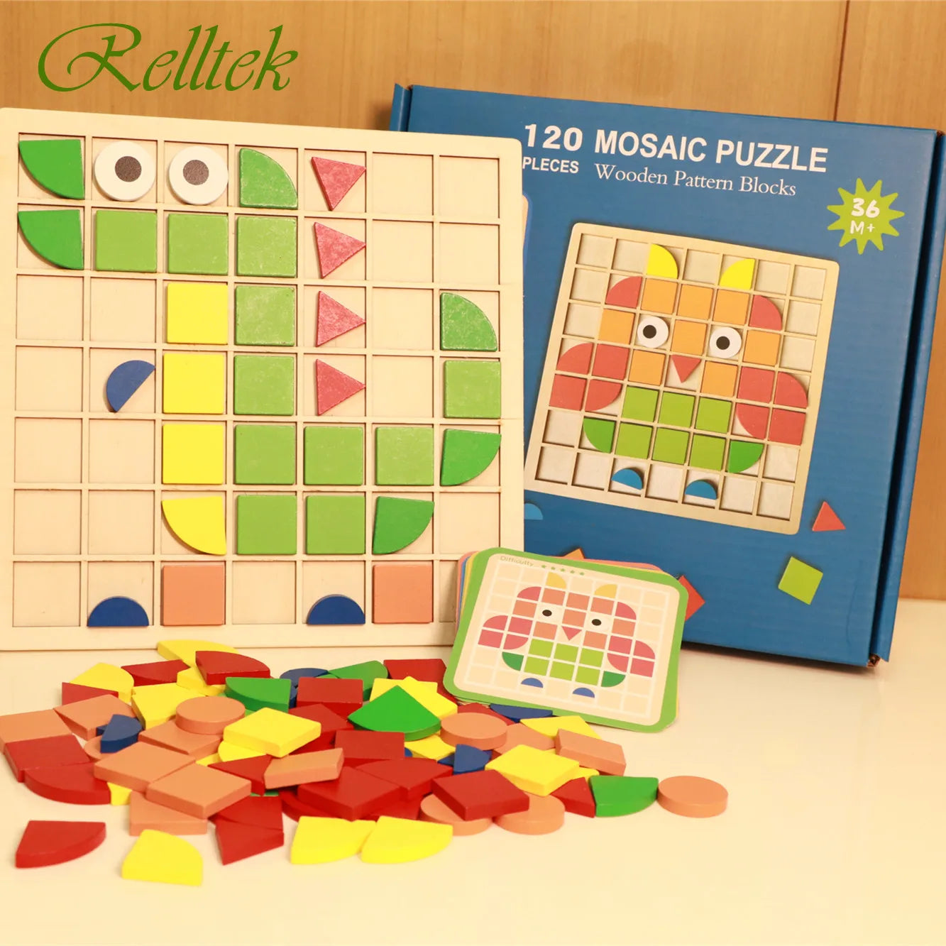 Wooden Pattern Blocks 120PCS Mosaic Puzzle Montessori Early Childhood Educational Puzzle Intelligence Game Gift For Children