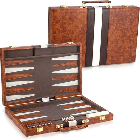 38cm Backgammon Set Classic Folding Board with Leather Case, Portable Travel Game, Ideal Gift Package for Strategy Lovers