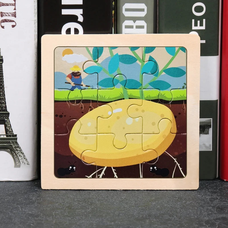 11x11cm Baby Montessori Toys Wooden Puzzle Cartoon Animal Fruit Vehicle 3d Puzzle Game Educational Jigsaw Toys For Children