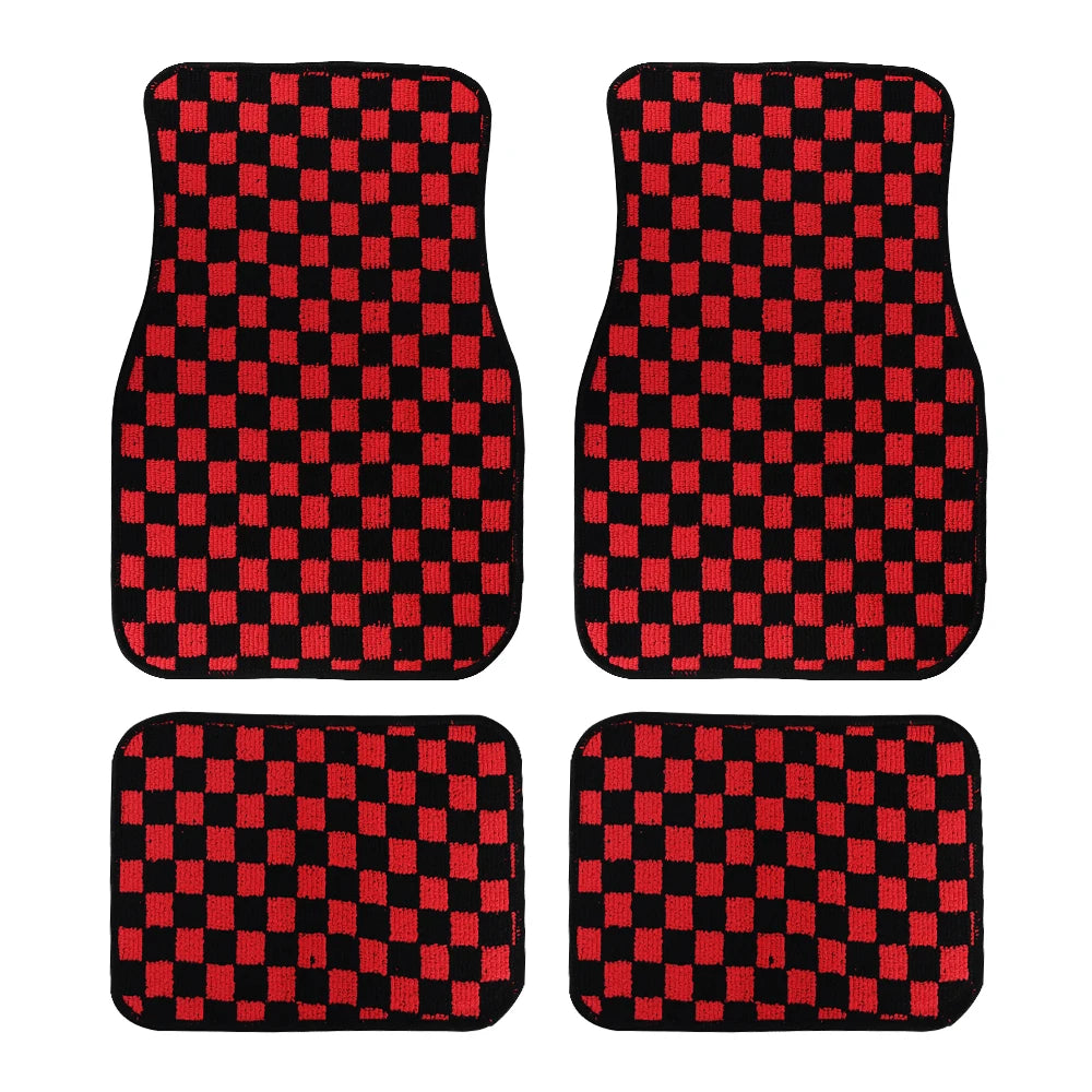 4Pcs JDM Racing  Plush Floor Mat Checkers Vehicle Front Rear Carpets Universal Car Floor Carpet Rugs Non-Slip Car Decoration