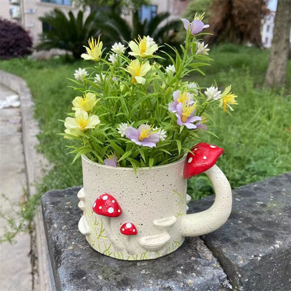 Whimsical Mushroom Cup Design Resin Plant Pot Sculpture Adorable Flower Planter for Outdoor Garden Decoration