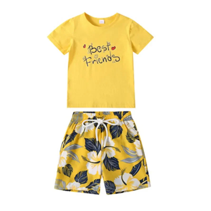 Holiday Family Matching Look Dad Son Resort Tops + Shorts Two Piece Outfit SetsYellow Clothes Mom Daughter Beach Dress Vacation