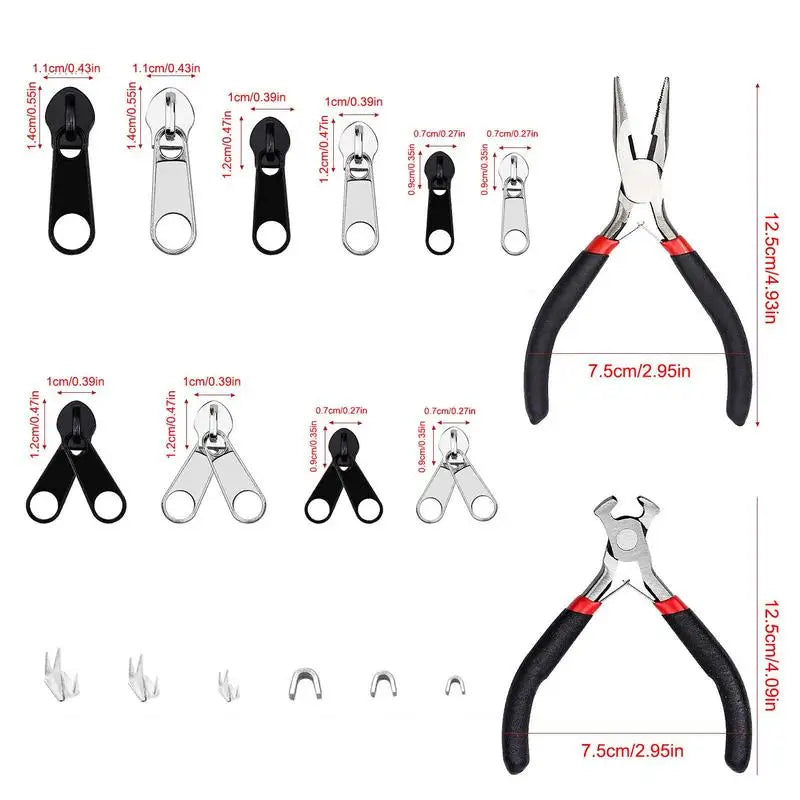 Zipper Repair Kit Double-sided Zipper Slider Replacement Zipper Pulls Installation Tools For Bags Tents Luggage Sleeping Bag