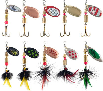 10pcs Fishing Lure Spinnerbait Rooster Tail Fishing Lures Bass Trout Salmon Hard Metal Spinner Baits Kit with Tackle Boxes