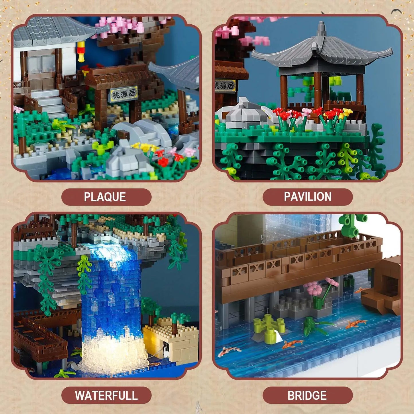Cherry Blossom Micro Blocks: Chinese Courtyard Model Kits with Peach Pond for Collectors