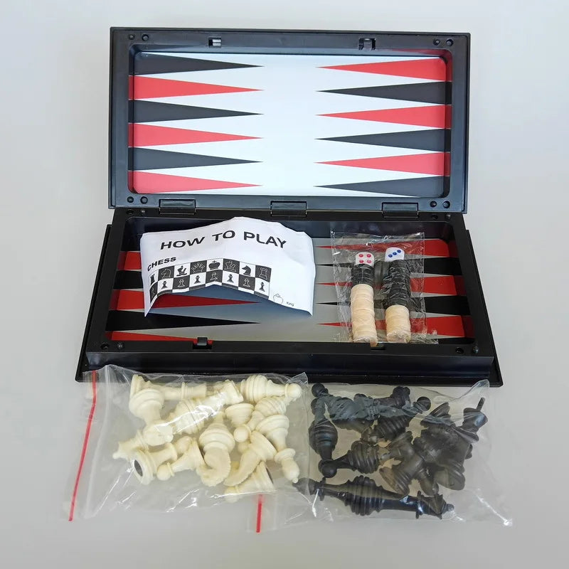 Foldable Magnetic Chess Checkers Backgammon Game Board 3-in-1 Ideal Tabletop For Family Gathering